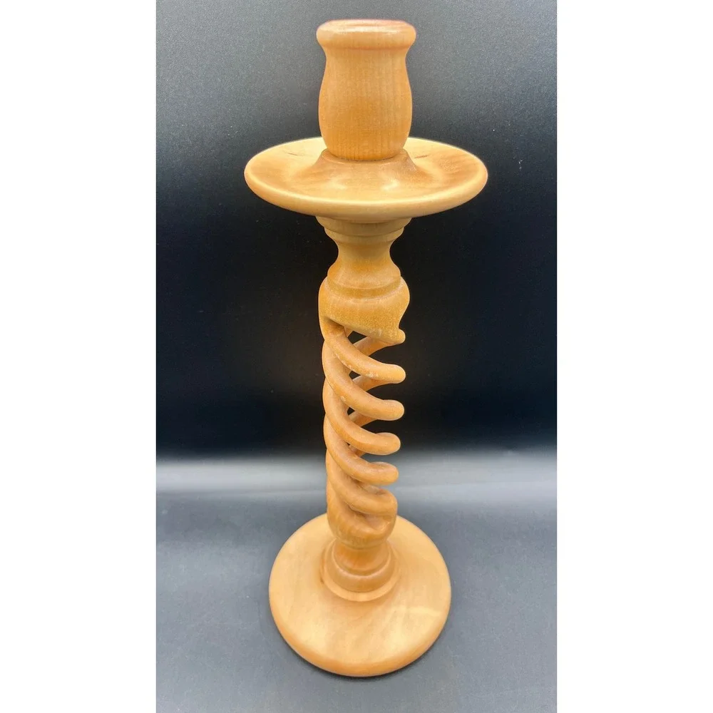 Vtg‎ Hand Turned Wood Barley Twist Candlestick Holder Open Spiral Signed 13